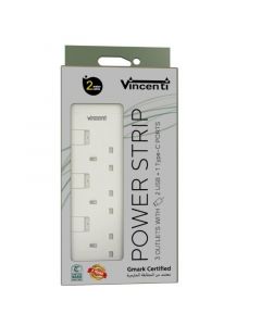 VINCENTI electrical plug, 2 m long, 3 outlets, with multiple switches and USB connection, white- VPCMWH-32U