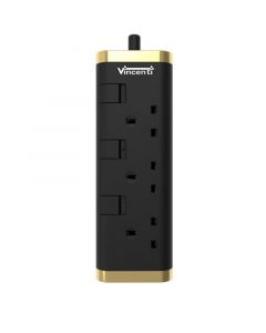 VINCENTI electrical plug, 2 m long, 3 outlets, with multiple switches and USB connection, Black and gold- VPCMBG-32U